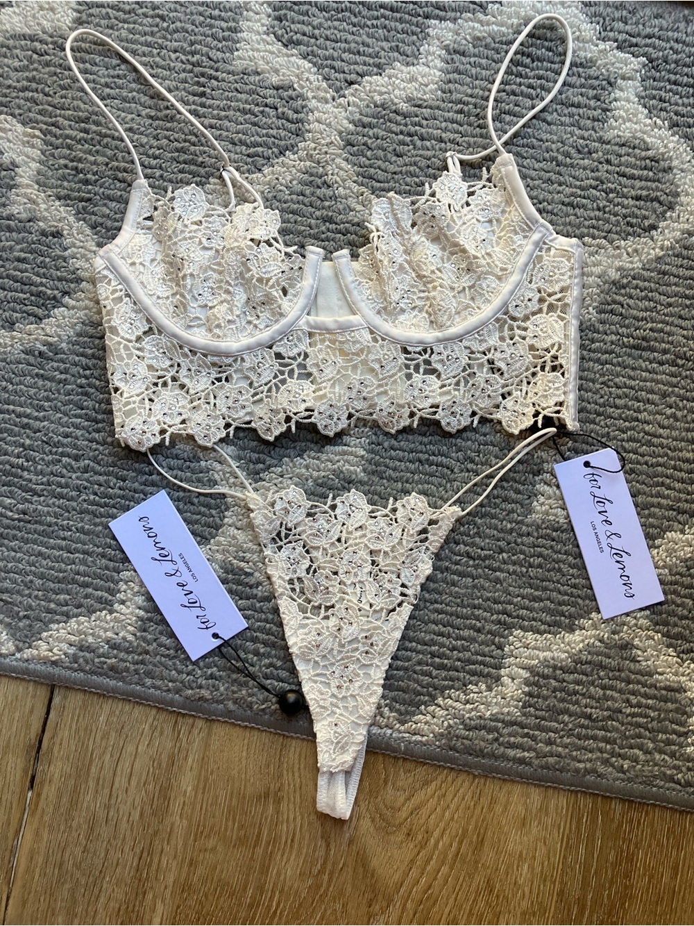 For Love And Lemons Ivory Floral Lace Bralette & Thong Set
